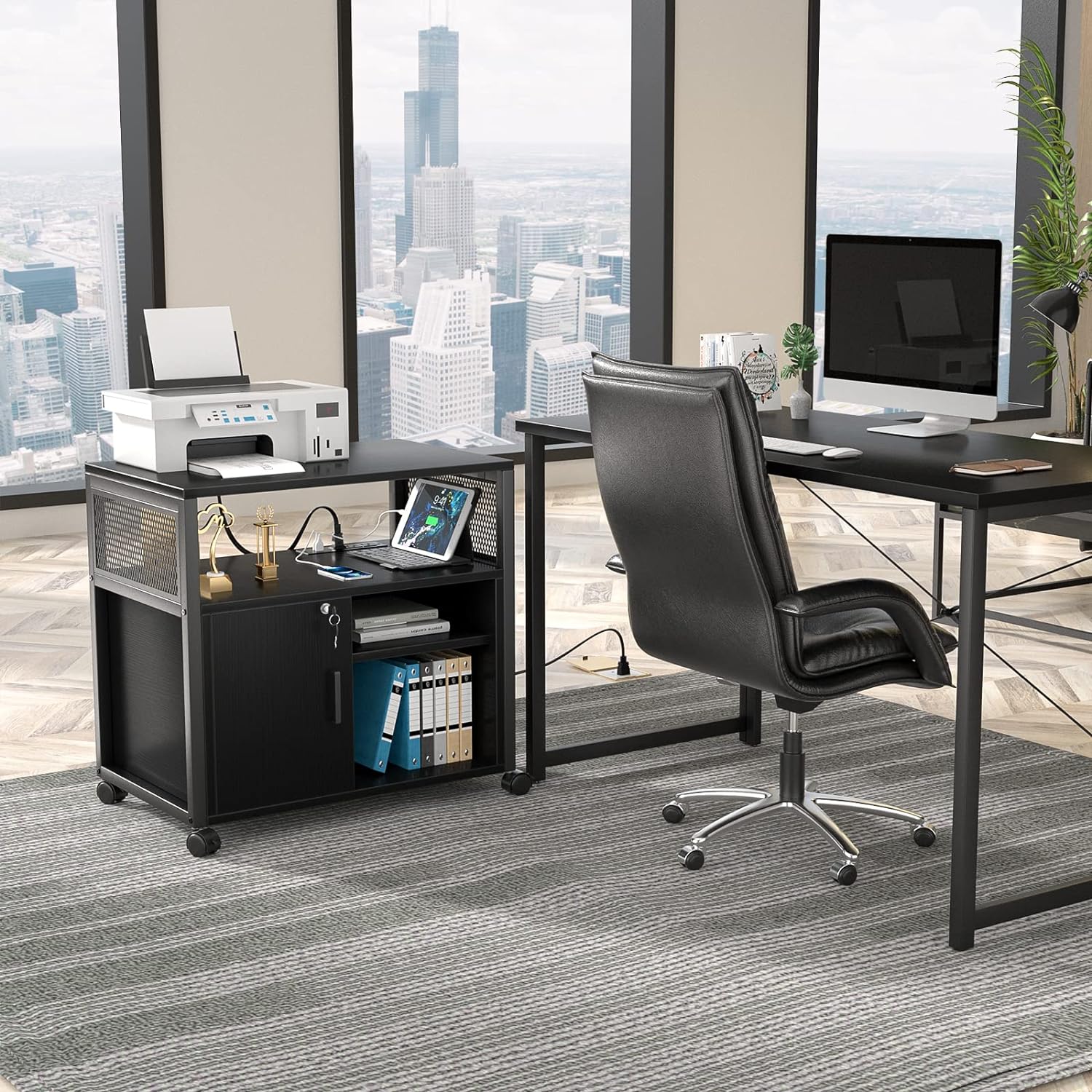 Lateral File Cabinet, Locking Office Filing Cabinets with Socket and USB Charging Port