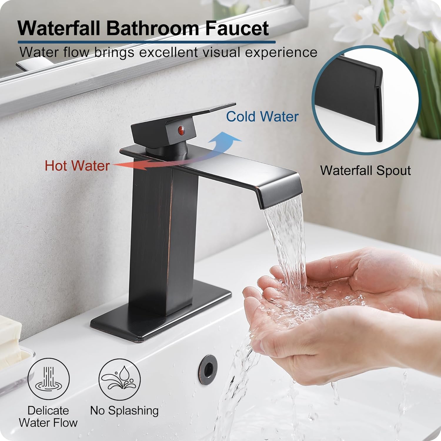 Oil Rubbed Bronze Bathroom Faucet Waterfall Faucet, Brass Single Handle Bathroom Sink Faucet 1 Hole or 3 Holes, 4 Inch Bathroom Faucets with Deck Plate & Pop-Up Drain for Farmhouse Quick Install