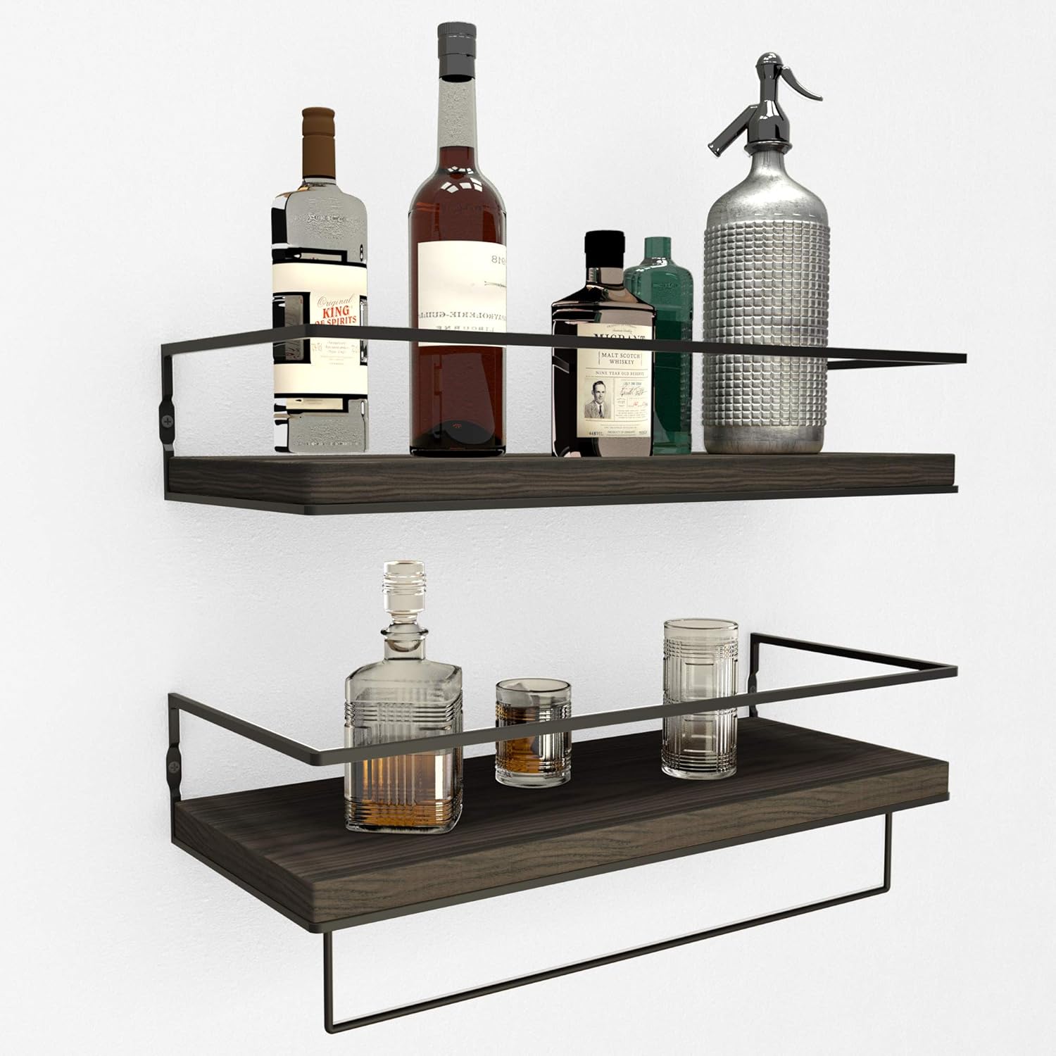 Floating Shelves for Wall Set of 2, Wall Mounted Storage Shelves with Metal Frame and Towel Rack for Bathroom