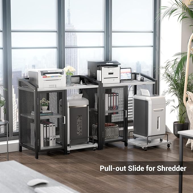 Printer Stand with Storage, Lateral Office Filing Cabinets with Socket and USB Charging Port