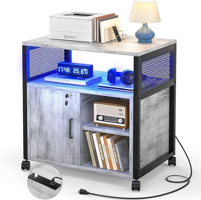 File Cabinet with LED Lights, Lateral Filing Cabinet with Power Outlets and USB Charging Ports