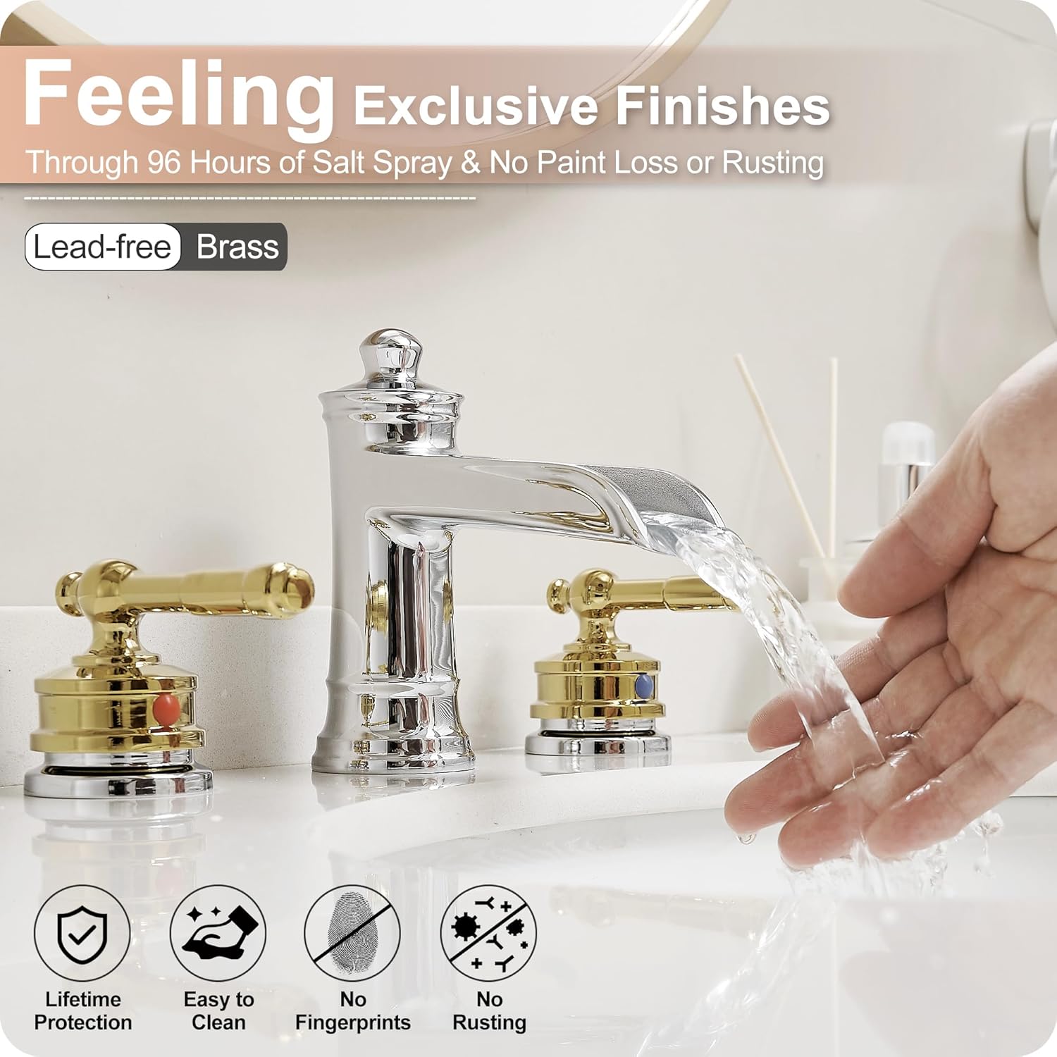 3 Hole Bathroom Faucet, Brass Waterfall Bathroom Sink Faucet, Chrome Gold 4-16 Inch Bathroom Faucets, 2 Handle Bathroom Widespread Faucet with Pop-up Drain & Supply Hoses, Unique, Lifetime Use
