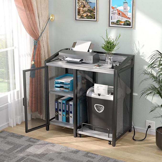 Printer Stand with Storage, Lateral Office Filing Cabinets with Socket and USB Charging Port
