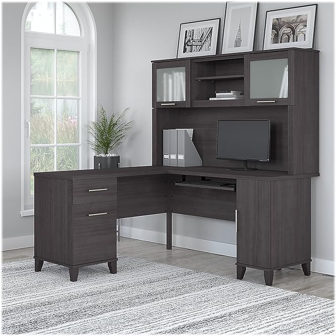 60-Inch W L-Shaped Desk with Hutch, Storm Gray