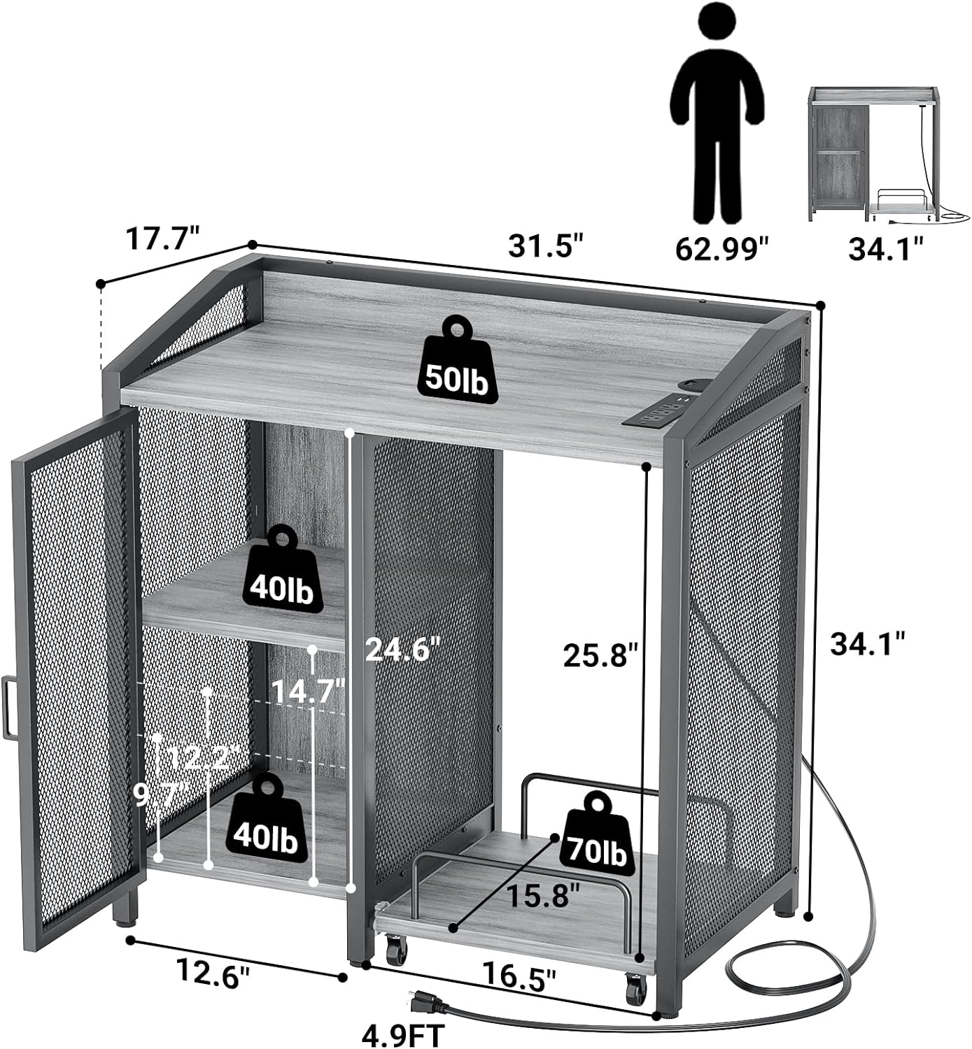 Printer Stand with Storage, Lateral Office Filing Cabinets with Socket and USB Charging Port