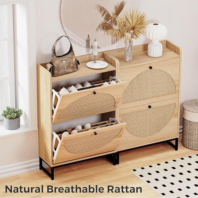 Shoe Cabinet with 2 Handmade Natural Rattan Flip Drawers