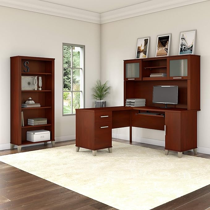 60W L Shaped Desk with Hutch and 5 Shelf Bookcase
