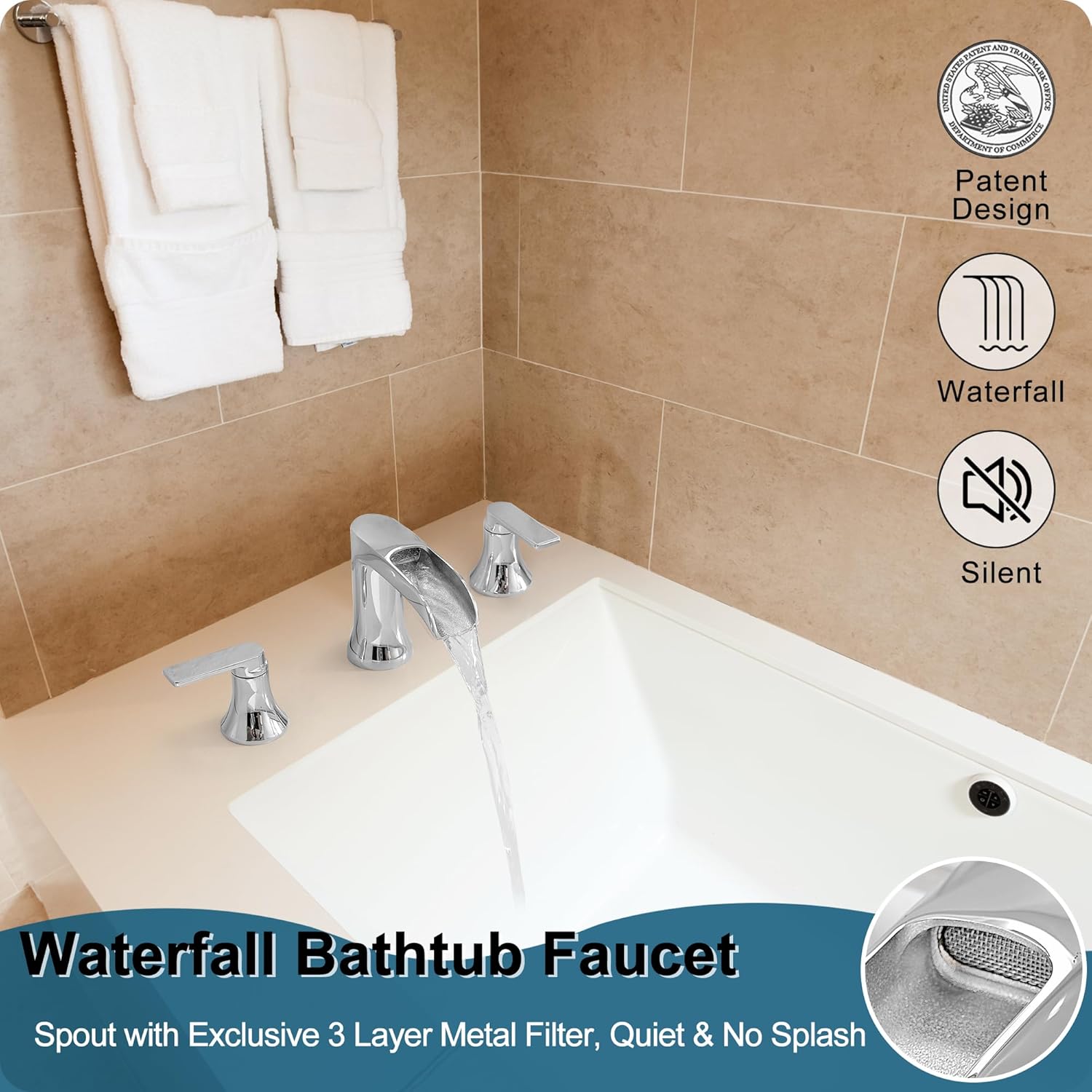 Chrome Deck Mount Tub Faucet 3 Hole, Brass Widespread Waterfall Bathtub Faucet 2 Handle 8-16 Ins Bath Tub Faucets Set High Flow Faucet for Bathtub