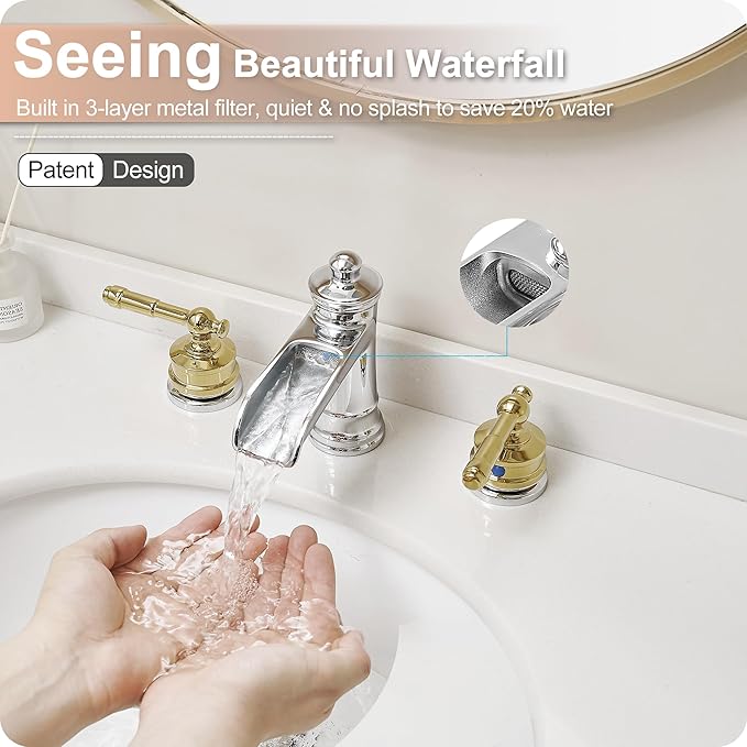 3 Hole Bathroom Faucet, Brass Waterfall Bathroom Sink Faucet, Chrome Gold 4-16 Inch Bathroom Faucets, 2 Handle Bathroom Widespread Faucet with Pop-up Drain & Supply Hoses, Unique, Lifetime Use