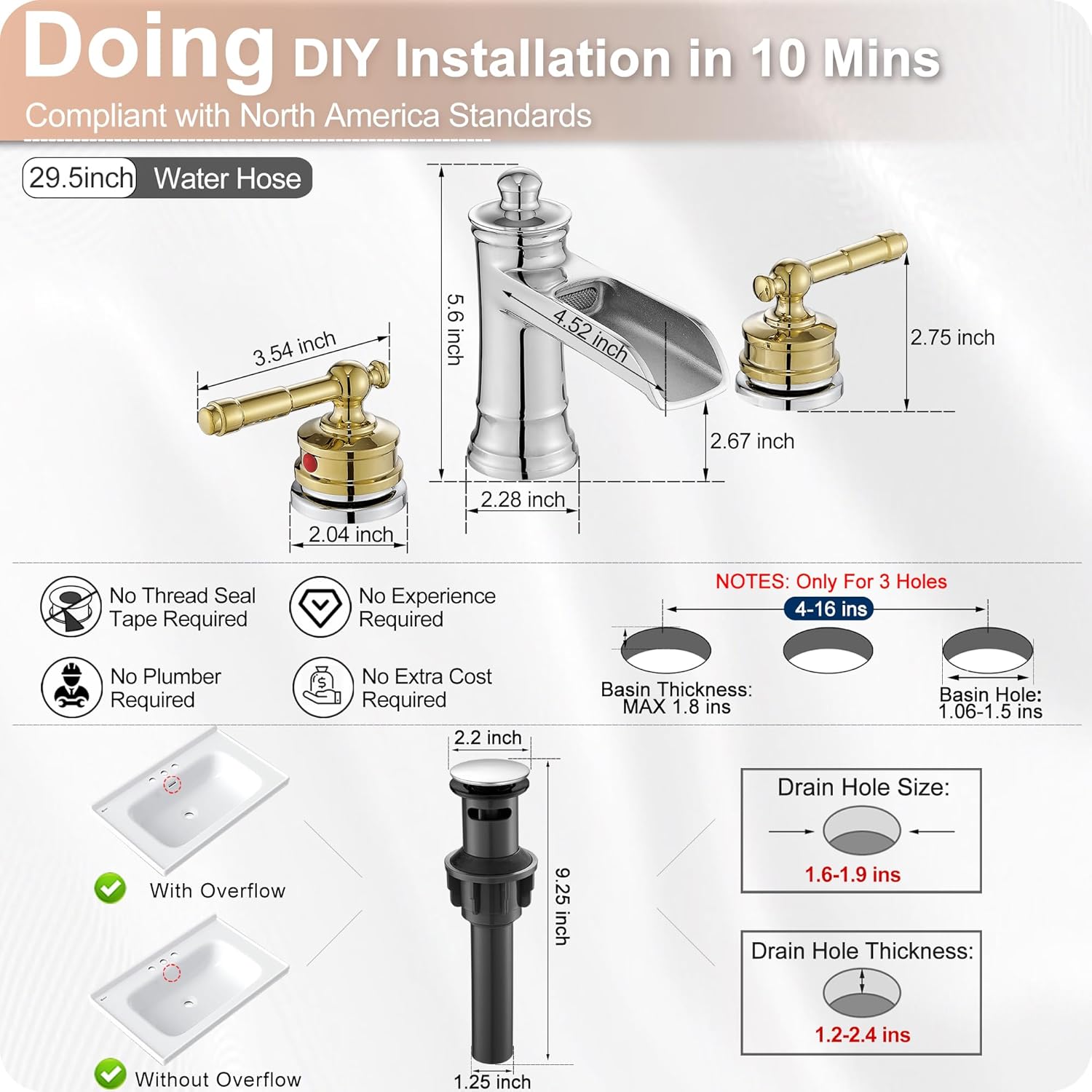 3 Hole Bathroom Faucet, Brass Waterfall Bathroom Sink Faucet, Chrome Gold 4-16 Inch Bathroom Faucets, 2 Handle Bathroom Widespread Faucet with Pop-up Drain & Supply Hoses, Unique, Lifetime Use
