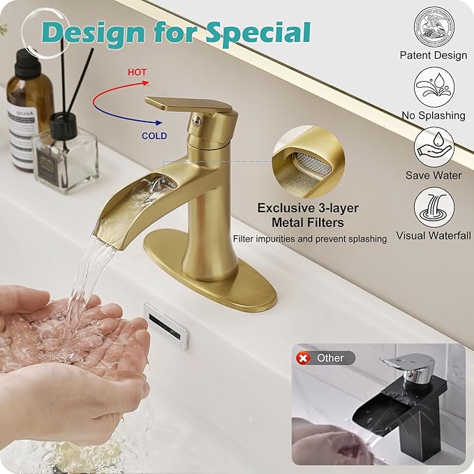 Brushed Gold Sink Faucet Bathroom Brass Waterfall Bathroom Faucet Single Handle, Lavatory Faucets Bathroom, 4 Inch 1 or 3 Hole Bathroom Faucet with Pop-Up Drain & Deck Plate Quick Install