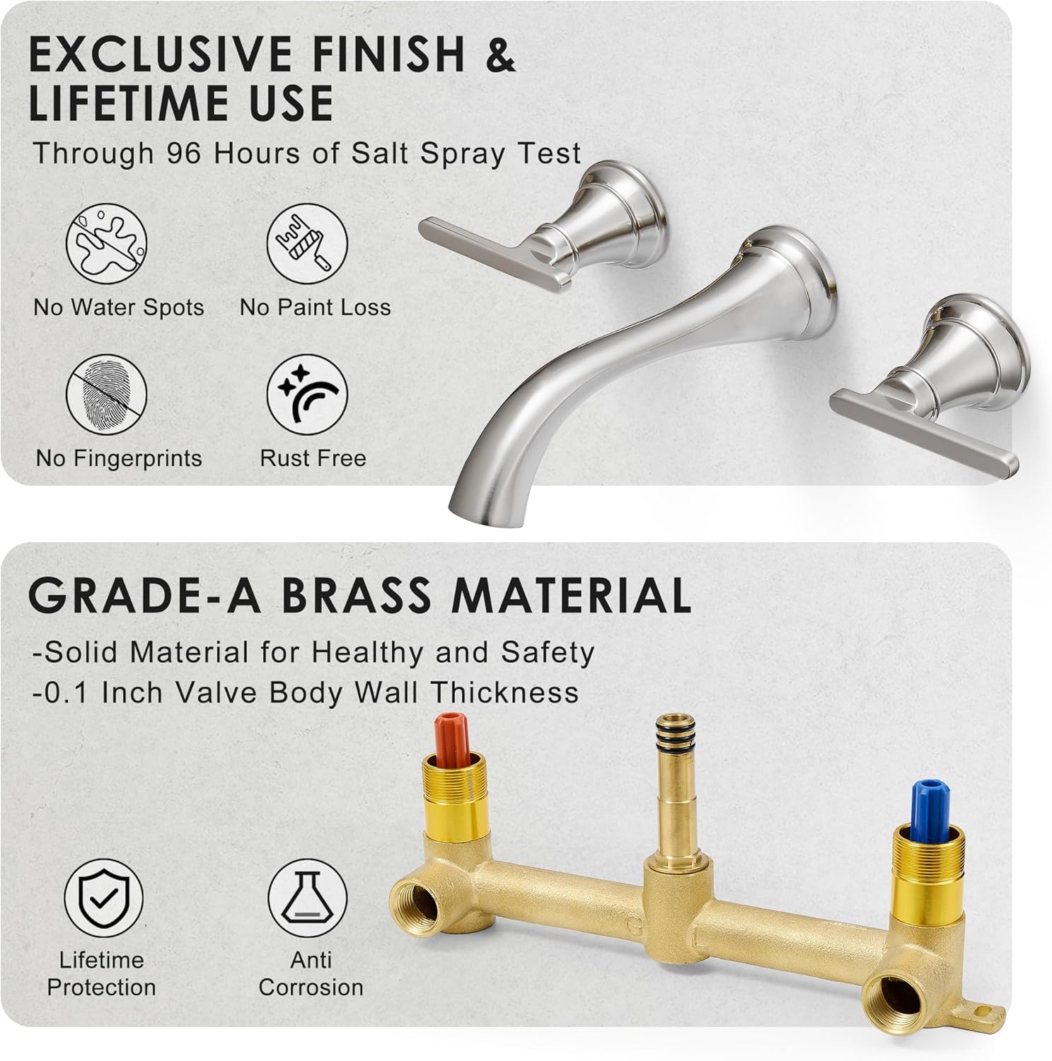 Brass Wall Mount Tub Filler, High Flow 8" Spout Reach Brushed Nickel Bathtub Faucet, 2 Handles Tub Faucets, Rough in Valve Included