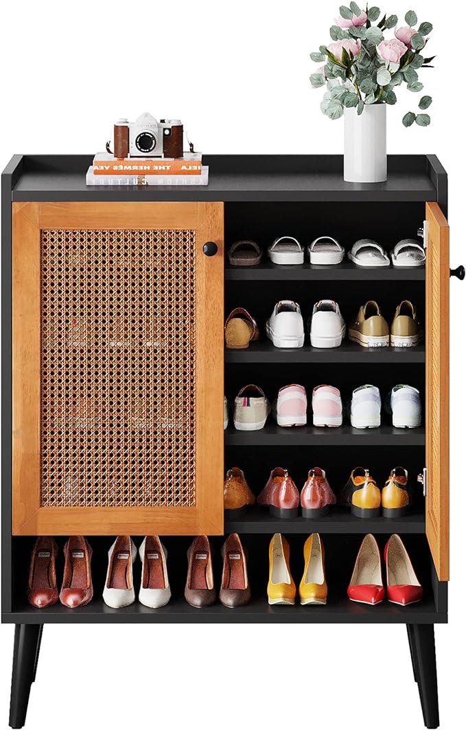 Shoe Cabinet with Door, Natural Handmade Rattan Shoe Storage Cabinet