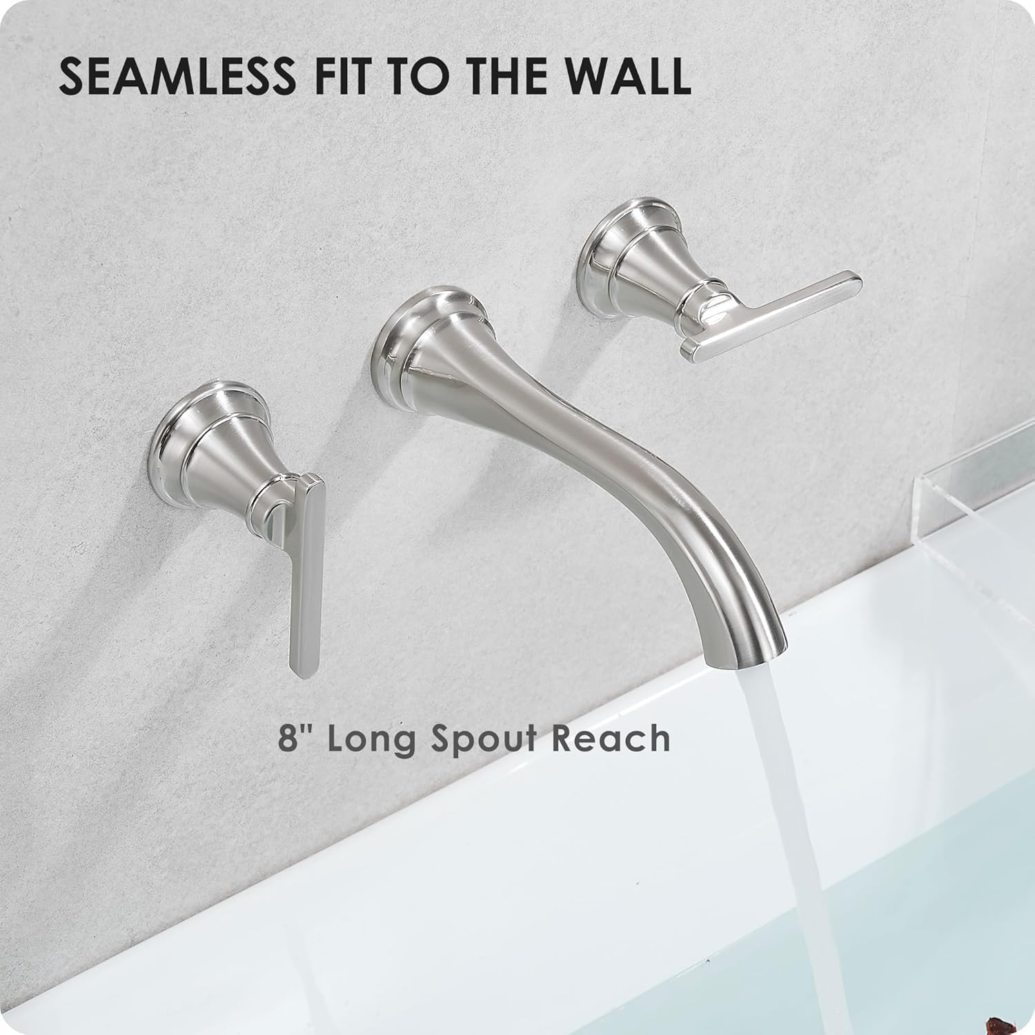 Brass Wall Mount Tub Filler, High Flow 8" Spout Reach Brushed Nickel Bathtub Faucet, 2 Handles Tub Faucets, Rough in Valve Included