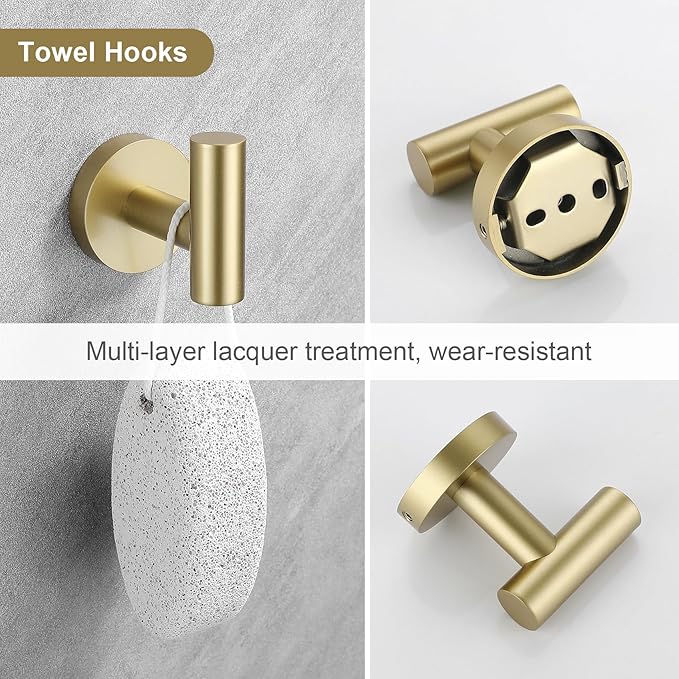 Bathroom Towel Holder Set, 5-Piece Towel Bar Set Brushed Gold Steel Wall Mounted Bathroom Hardware Accessories