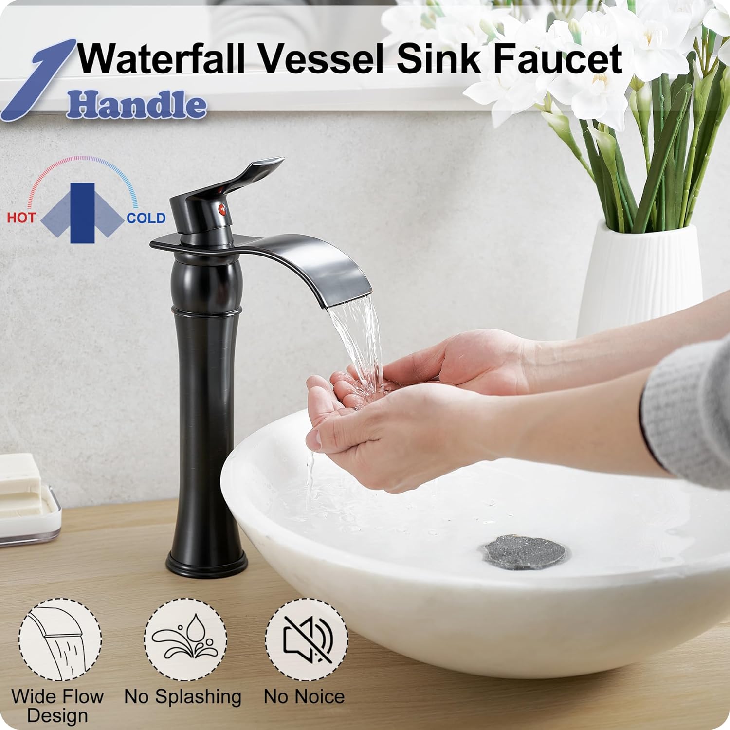 Vessel Sink Faucet Oil Rubbed Bronze, Brass Tall Bathroom Faucet Waterfall 1 Hole, Bathroom Faucets Single Handle Bathroom Sink Faucet Bronze with Pop-Up Drain & Water Hoses for Farmhouse
