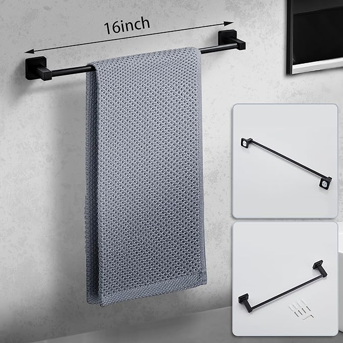 Matte Black Bathroom Hardware Set 4 Pieces,Towel Bar Set Stainless Steel Wall Mounted, Includes 16In Hand Towel Bar