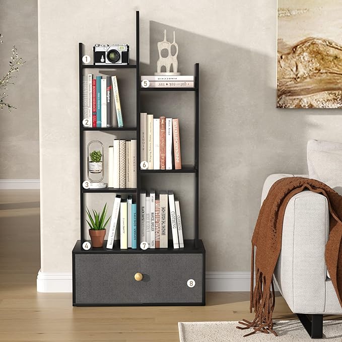 Industrial 7 Open Book Shelves, Display Wood Book Case for Bedroom