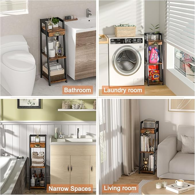 3-Tier Slim Bathroom Ladder Shelf, Bathroom Organizers and Storage with Drawer, Open Floor Standing Shelves