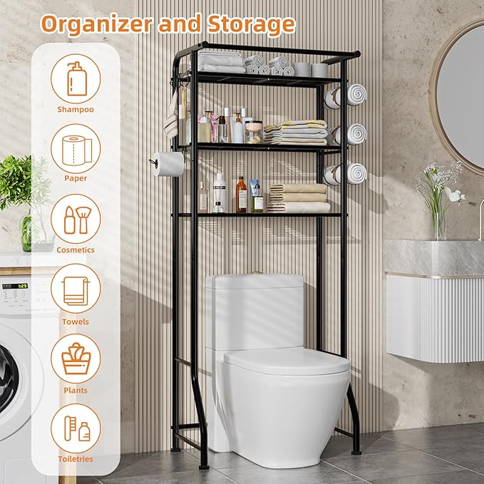 3 Tier Over The Toilet Rack, Shelf Bathroom, Bathroom Stand Organizer Space Saver, Black