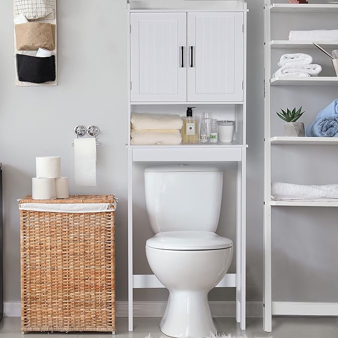 Bathroom Over-The-Toilet Storage Cabinet Organizer with Shelves and Doors, Small Freestanding Toilet Shelf