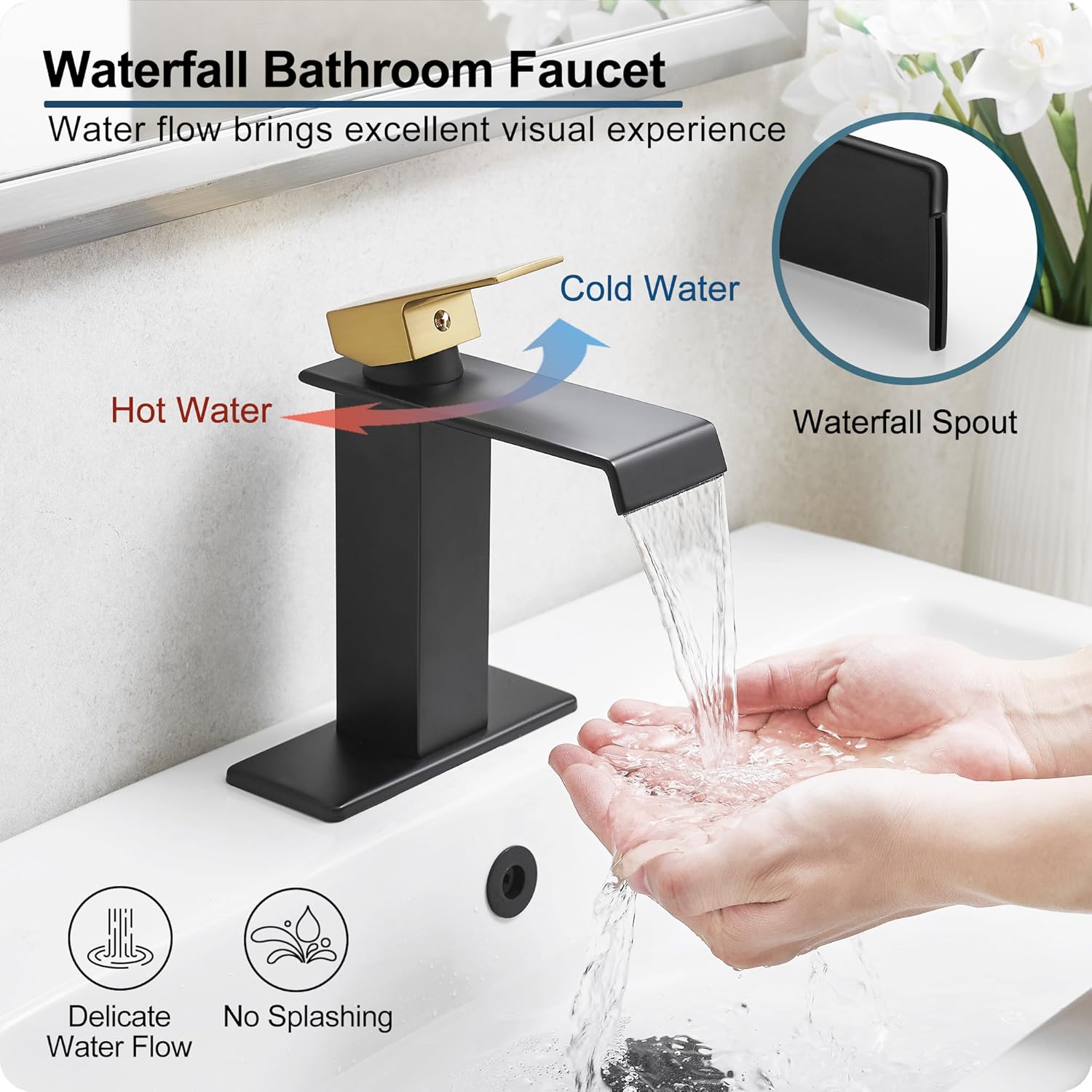 Black and Gold Bathroom Faucet Waterfall, Brass Bathroom Sink Faucet Single Handle, Bathroom Faucets One Hole or 3 Hole Bathroom Sink Faucets with Deck Plate & Pop-up Drain for Shopping Malls
