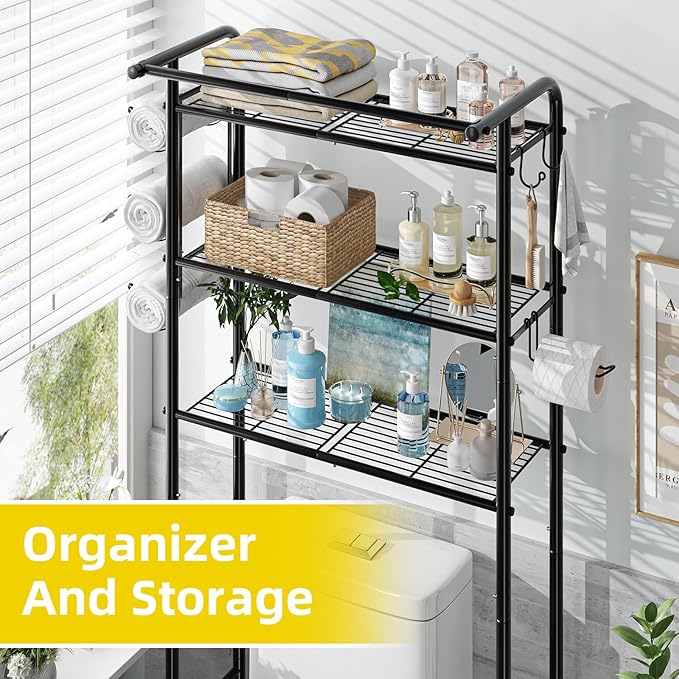 3 Tier Over The Toilet Rack, Shelf Bathroom, Bathroom Stand Organizer Space Saver, Black