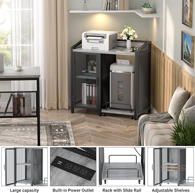 Printer Stand with Storage, Lateral Office Filing Cabinets with Socket and USB Charging Port
