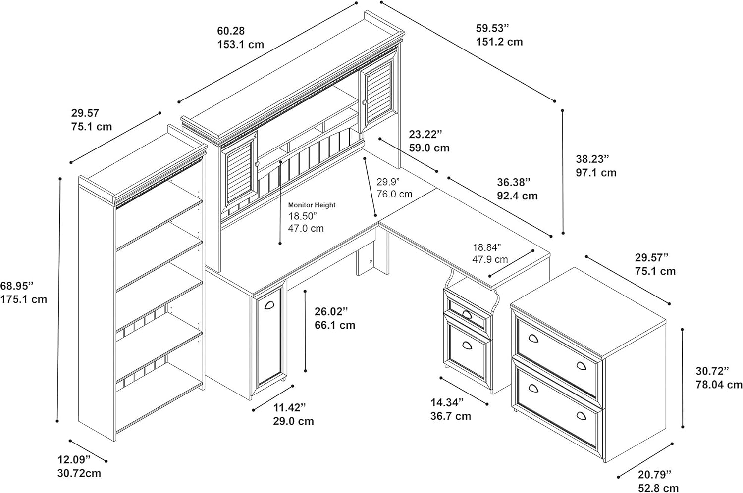 L Shaped Desk with Hutch, Lateral File Cabinet and 5 Shelf Bookcase