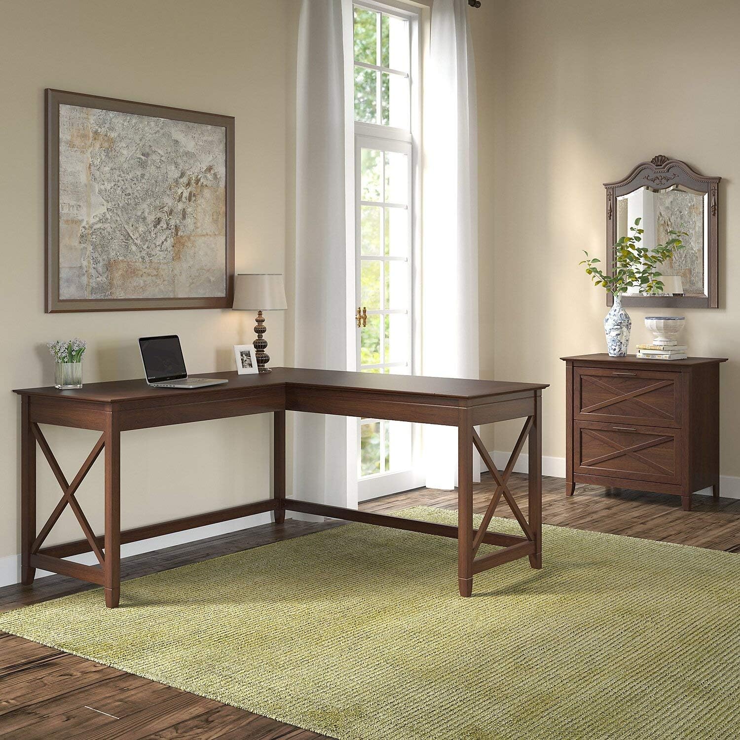 60W L Shaped Desk with 2 Drawer Mobile File Cabinet and 5 Shelf Bookcase