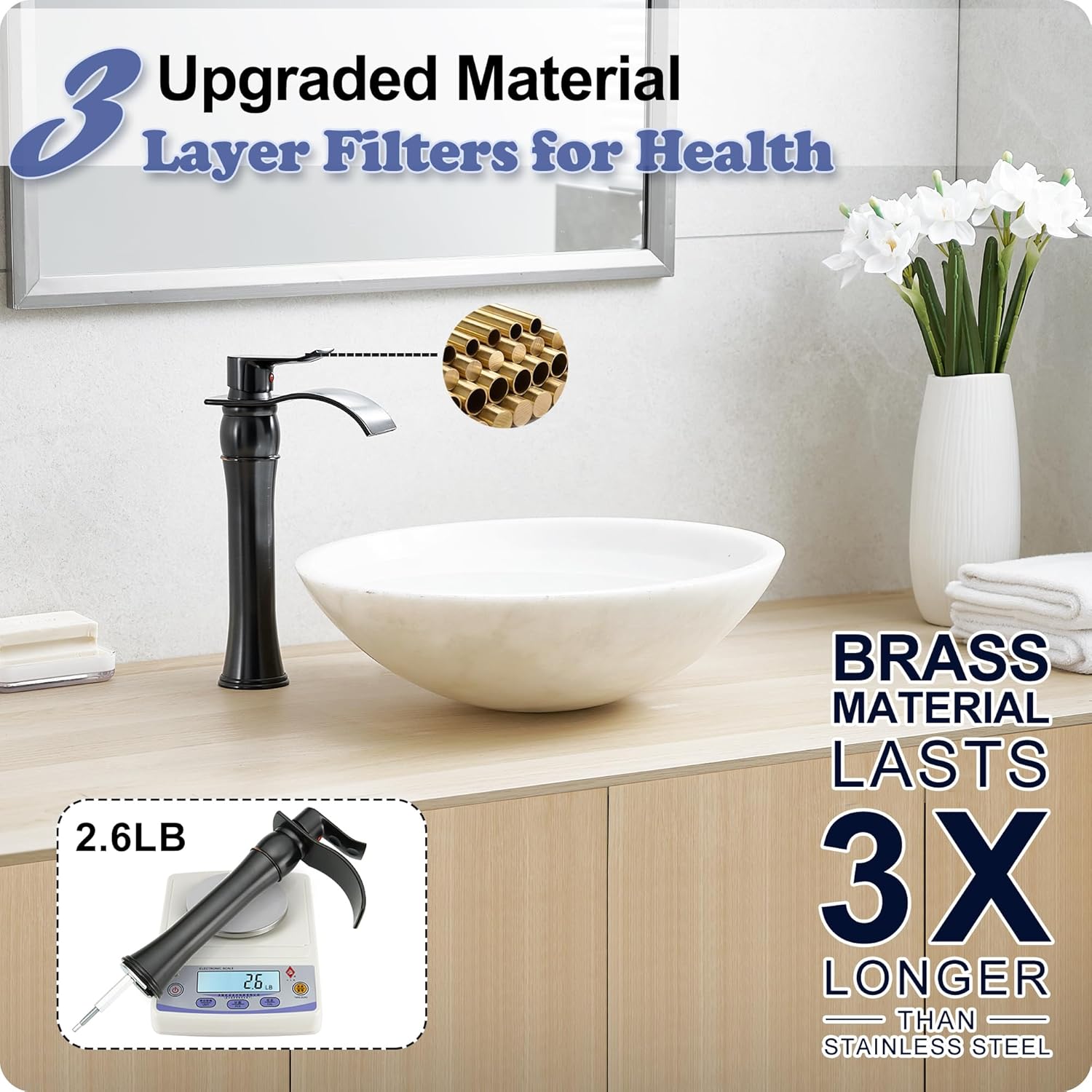 Vessel Sink Faucet Oil Rubbed Bronze, Brass Tall Bathroom Faucet Waterfall 1 Hole, Bathroom Faucets Single Handle Bathroom Sink Faucet Bronze with Pop-Up Drain & Water Hoses for Farmhouse