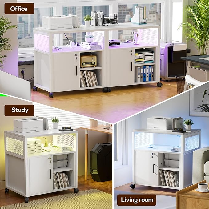 File Cabinet, Rolling Printer Stand with LED Lights, Power Outlets and USB Charging Ports