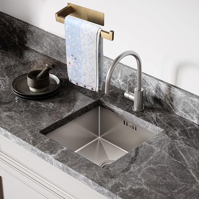 Hand Towel Holder, Strong Self Adhesive Hand Towel Ring, Thicken SUS304 Stainless Steel Hand Towel Bar/Rack, No Drilling Modern Hand Towel Hanger (Brushed Gold, 9 in)