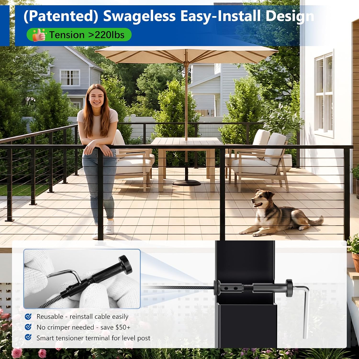 12-24FT Modular 36" Swageless Level Cable Railing System Post Kit