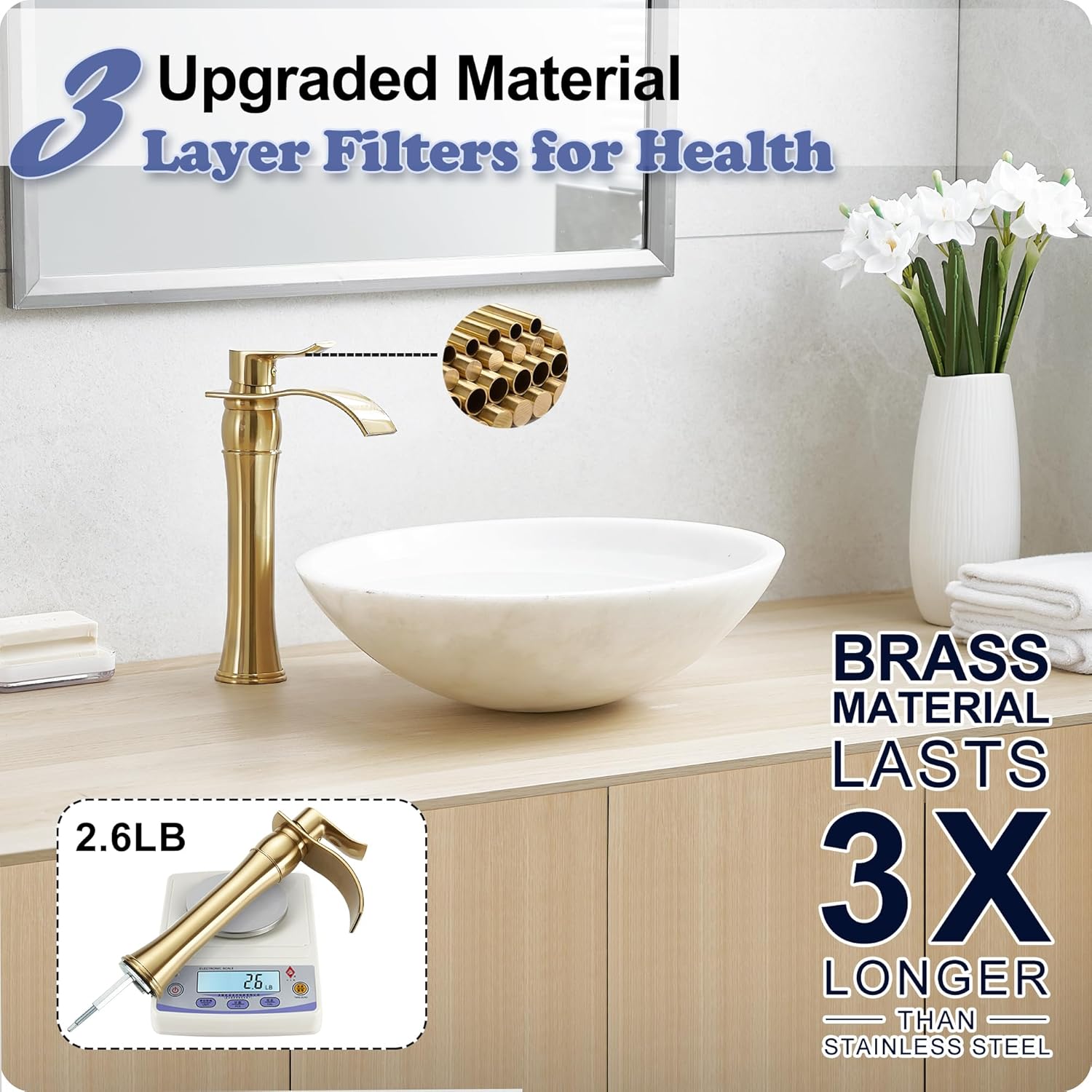 Gold Vessel Sink Faucet, Brass Tall Bathroom Faucets, Single Handle Bathroom Faucet 1 Hole, Waterfall Faucet for Bathroom Sink Mixer Bowl Tap for Hotel Classic with Pop Up Drain Deck Mounted