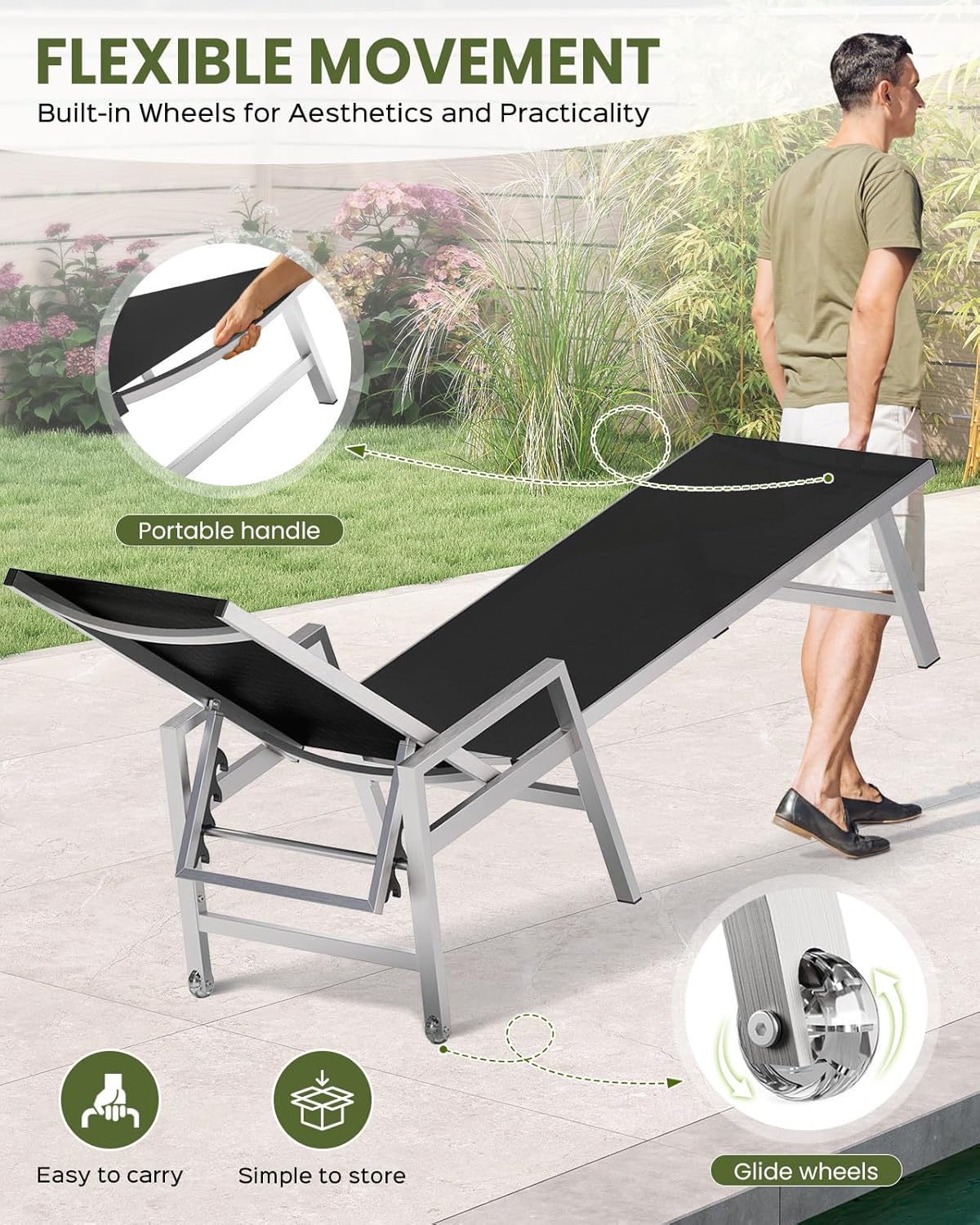 Patio Chaise Lounge Chair Outdoor with Wheels&Armrests