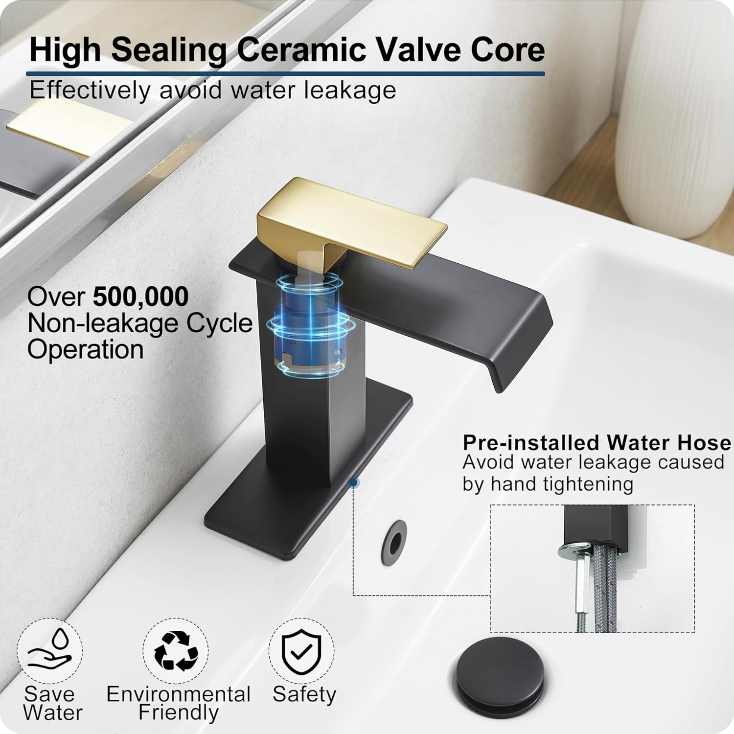 Black and Gold Bathroom Faucet Waterfall, Brass Bathroom Sink Faucet Single Handle, Bathroom Faucets One Hole or 3 Hole Bathroom Sink Faucets with Deck Plate & Pop-up Drain for Shopping Malls