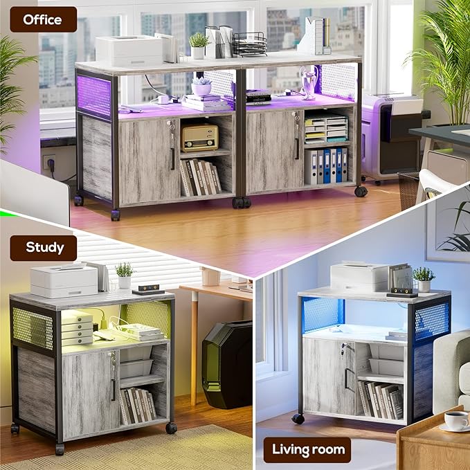File Cabinet with LED Lights, Lateral Filing Cabinet with Power Outlets and USB Charging Ports