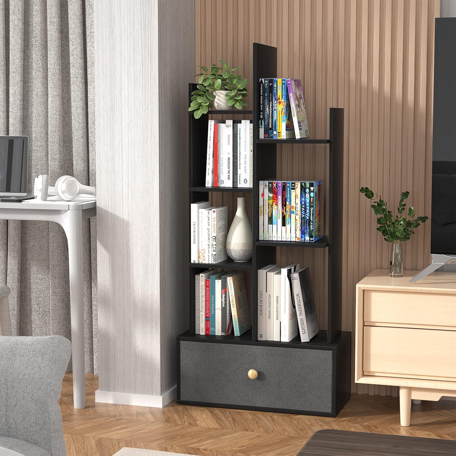 Industrial 7 Open Book Shelves, Display Wood Book Case for Bedroom