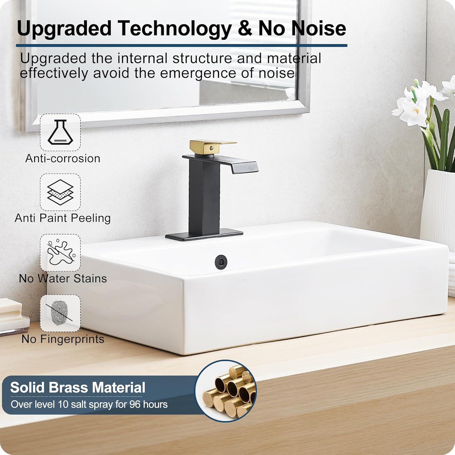 Black and Gold Bathroom Faucet Waterfall, Brass Bathroom Sink Faucet Single Handle, Bathroom Faucets One Hole or 3 Hole Bathroom Sink Faucets with Deck Plate & Pop-up Drain for Shopping Malls