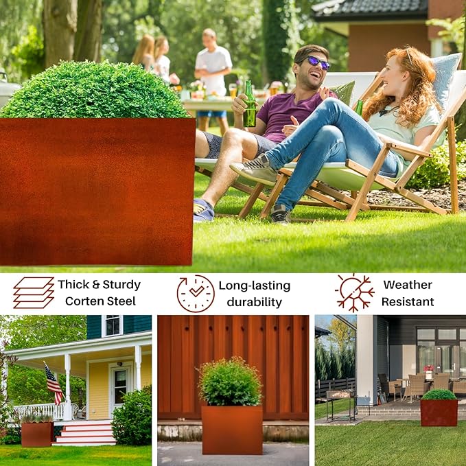 Corten Steel Planter Large Rectangle for Outdoor, Metal Planter Box -30”x38”x10”
