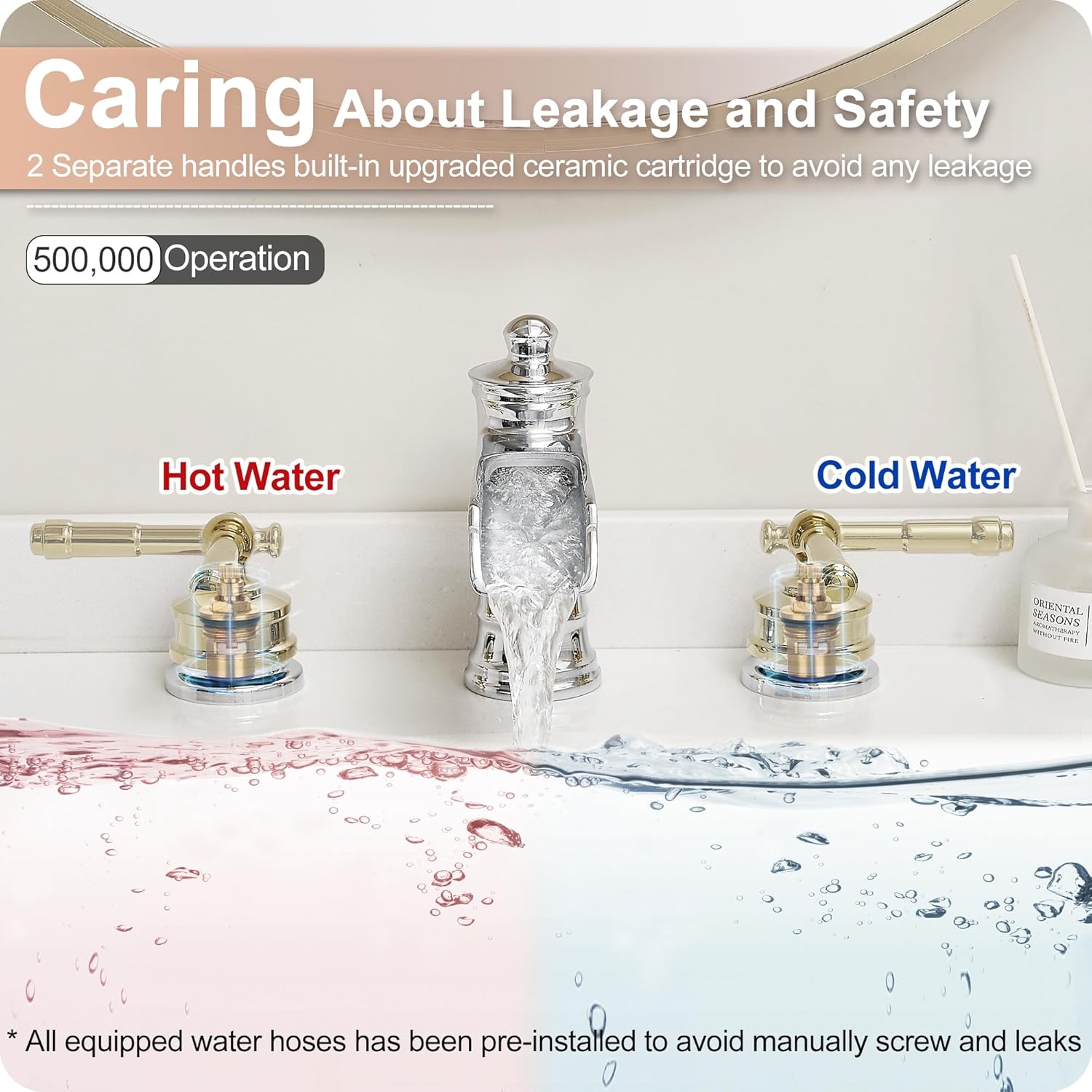 3 Hole Bathroom Faucet, Brass Waterfall Bathroom Sink Faucet, Chrome Gold 4-16 Inch Bathroom Faucets, 2 Handle Bathroom Widespread Faucet with Pop-up Drain & Supply Hoses, Unique, Lifetime Use