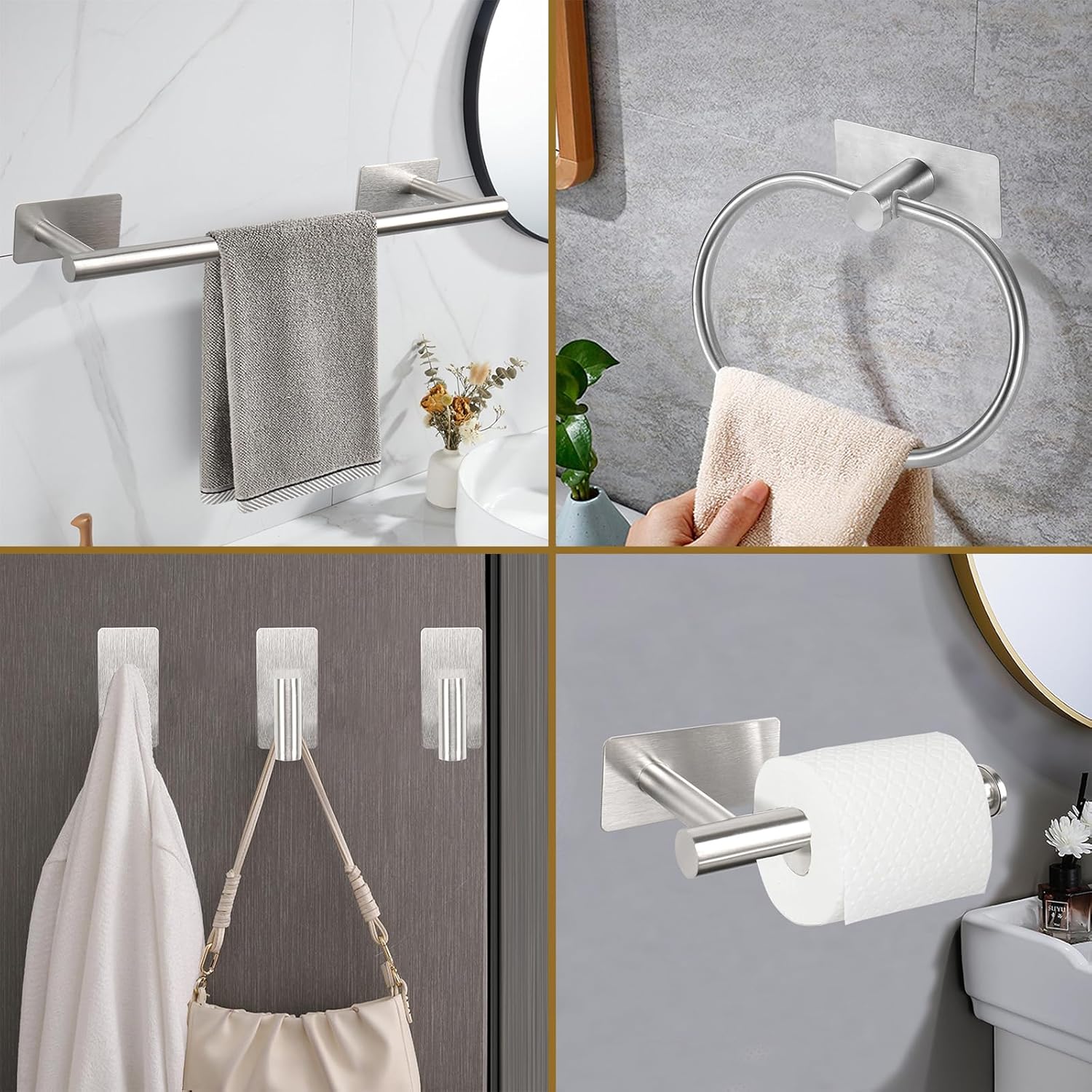 6 PCS Self Adhesive Bathroom Hardware Set, Stainless Steel Towel Rack Set - 16In Bath Towel Bar+Toilet Paper Holder+3 Towel Hooks+Towel Ring No Drill Bathroom Accessory Kit(Brushed Nickel)
