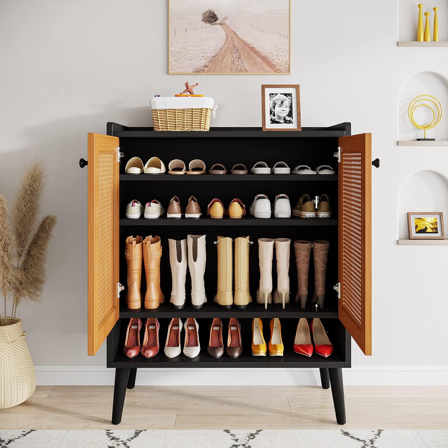 Shoe Cabinet with Door, Natural Handmade Rattan Shoe Storage Cabinet