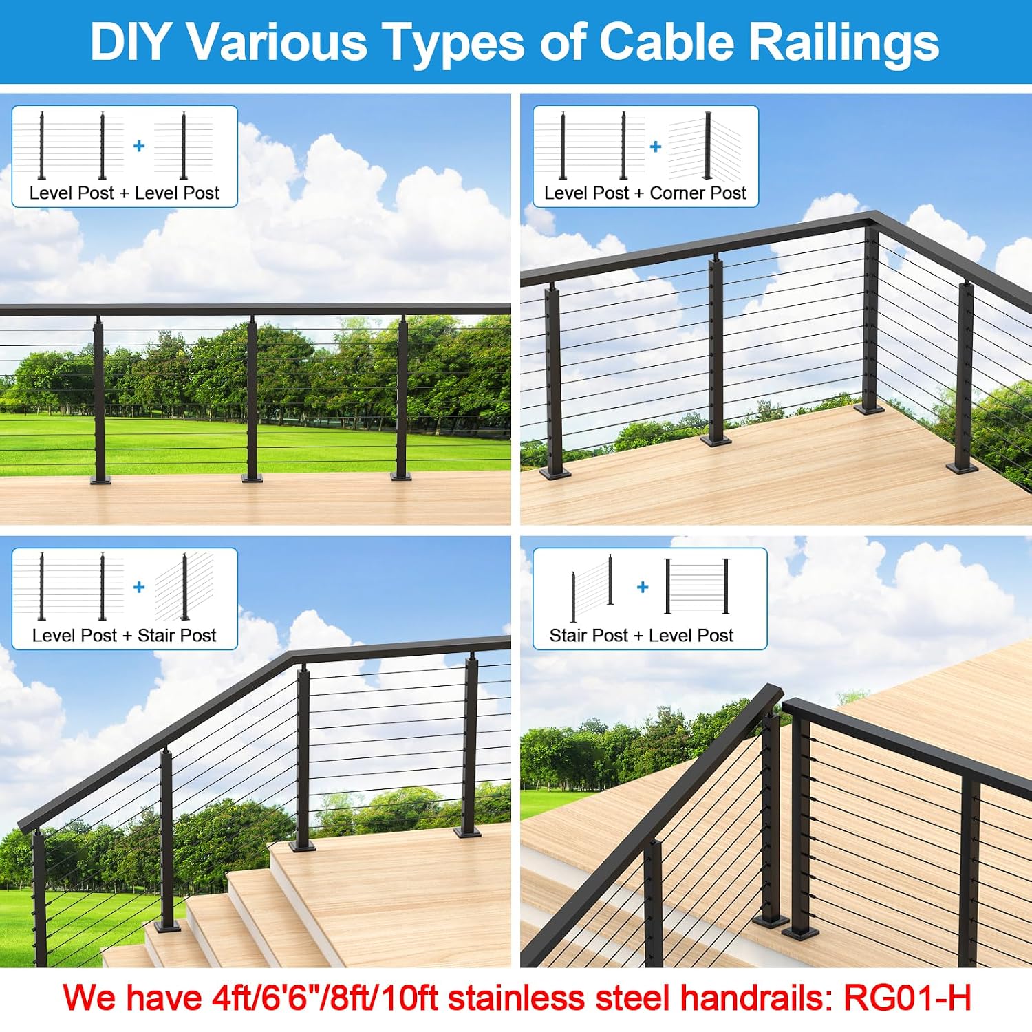 36" Level Drilled Cable Railing Post, Surface Mount Cable Rail Post, Black Cable Railing Kits
