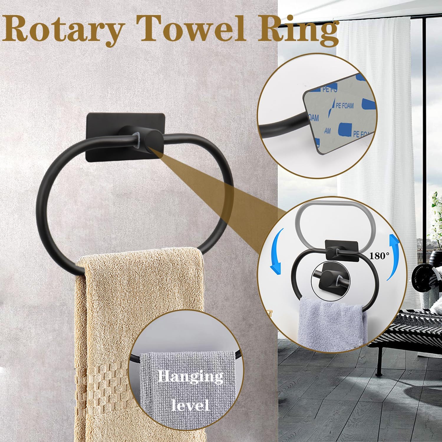 6 PCS Self Adhesive Bathroom Hardware Set, Stainless Steel Towel Rack Set - Adjustable 24In Bath Towel Bar+Toilet Paper Holder+3 Towel Hooks+Towel Ring Bathroom Accessory Kit(Matte Black)