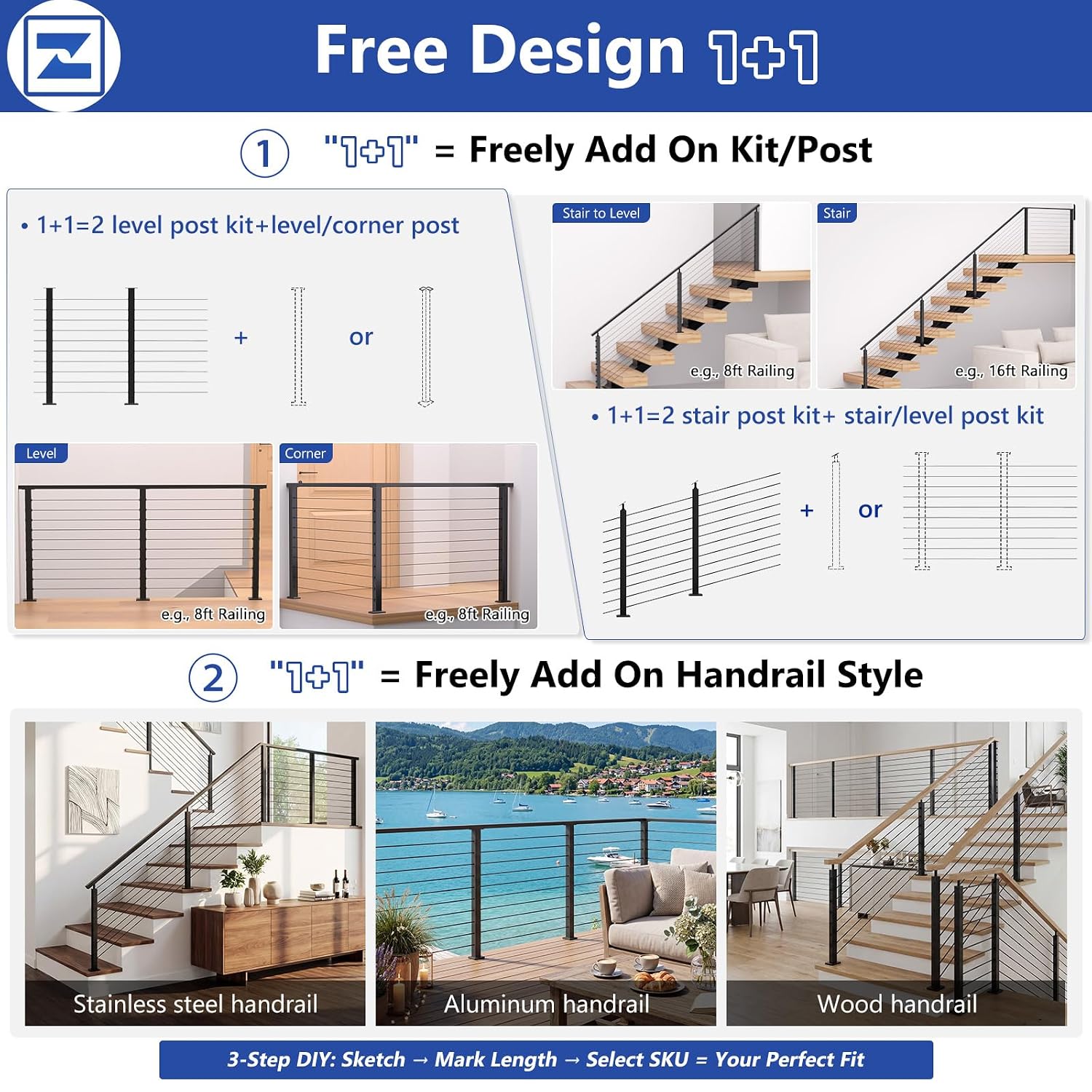 12-20FT Modular 36" Swageless Level Cable Railing System Post Kit