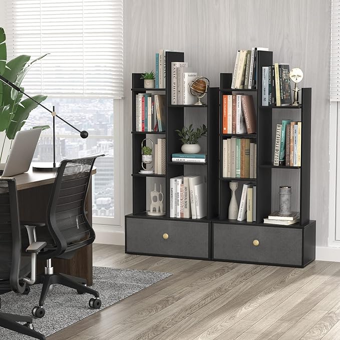 Industrial 7 Open Book Shelves, Display Wood Book Case for Bedroom