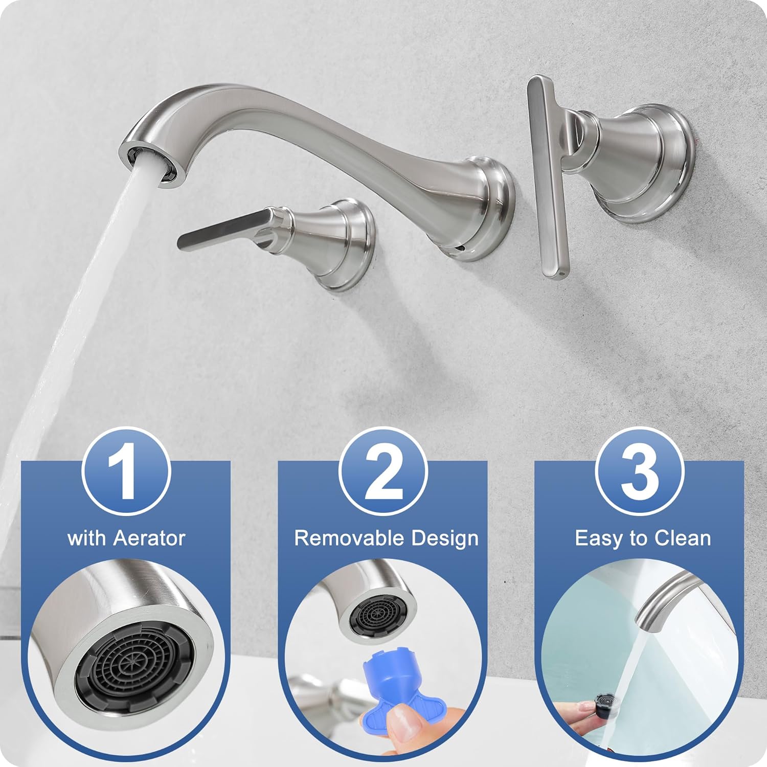 Brass Wall Mount Tub Filler, High Flow 8" Spout Reach Brushed Nickel Bathtub Faucet, 2 Handles Tub Faucets, Rough in Valve Included