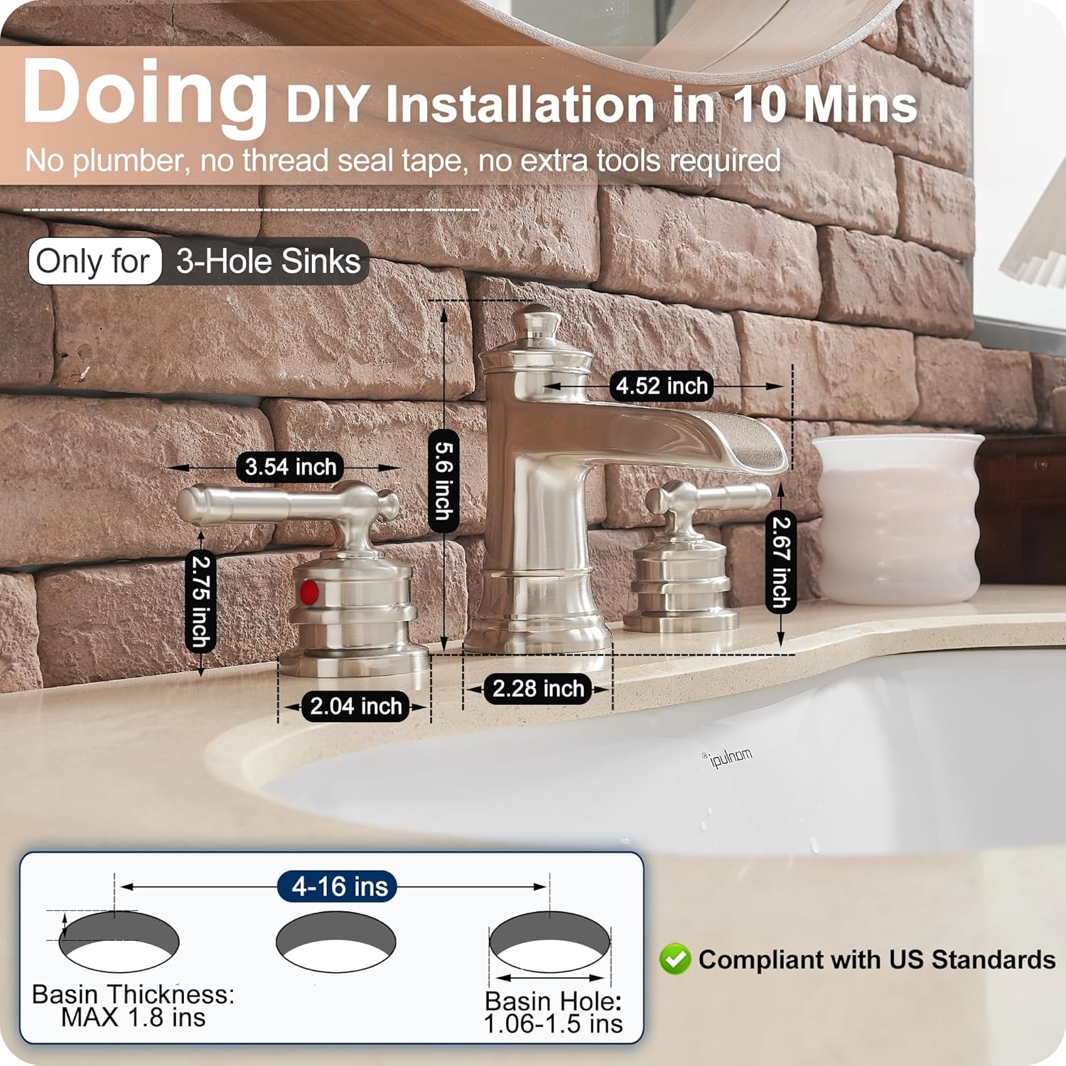 4-16 Inch Widespread Bathroom Faucet Brushed Nickel, Brass Waterfall Faucet for Bathroom Sink, 2 Handles Bath Faucet Bathroom Sink Faucets with Water Hose & Pop-Up Drain Saving Water Modern